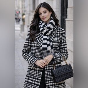 Ann Taylor Brushed Wool Blend Houndstooth Plaid Double-Breasted Peacoat Blazer